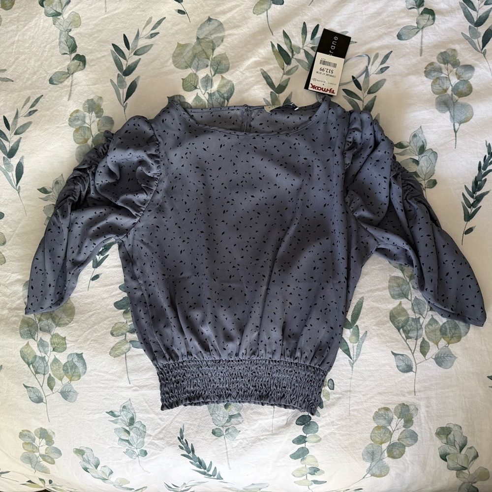 Paper Crane Speckled Blue Puff Sleeve Top